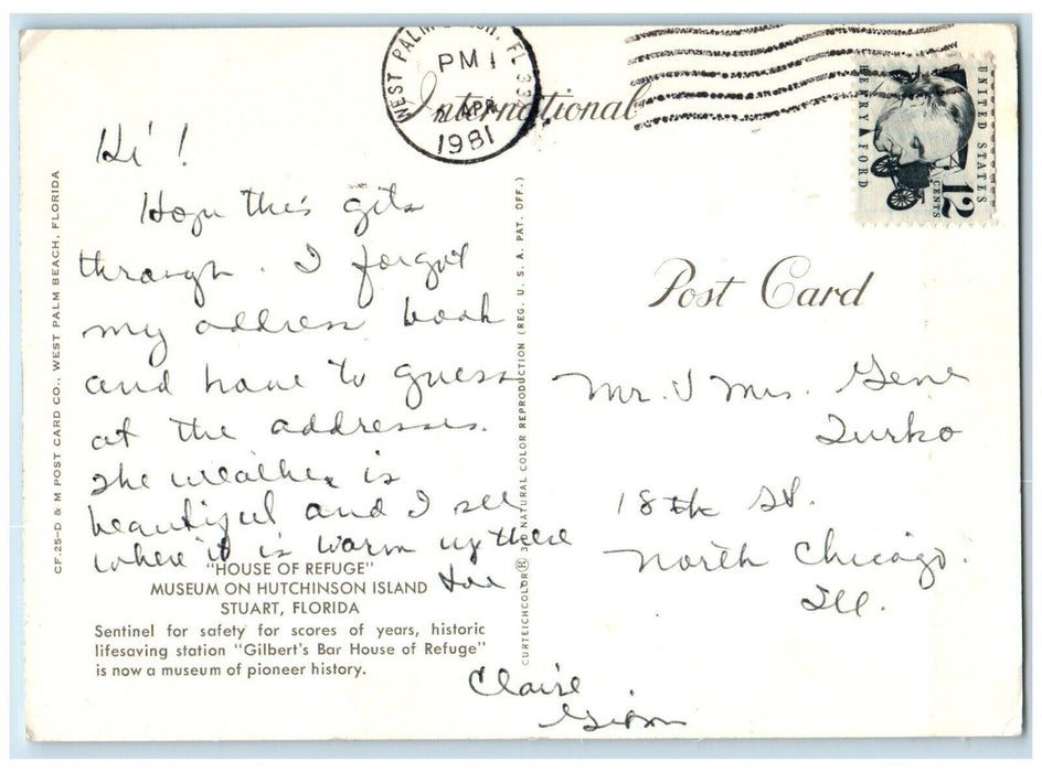 1981 House Refuge Stuart Museum Hutchinson Island Florida West Palm FL Postcard