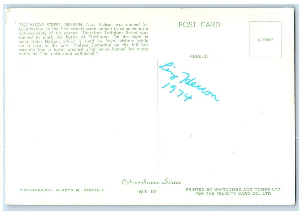 1974 Trafalgar Street Nelson New Zealand Classic Car Hotel Road Vintage Postcard