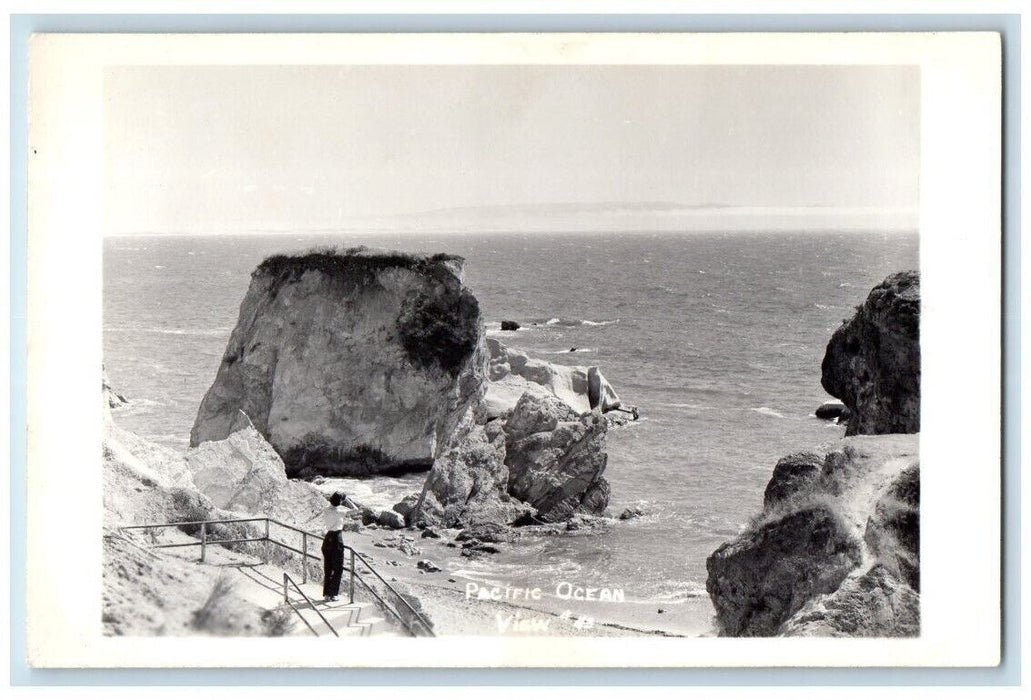 c1940's Pacific Ocean View Woman On Stairs Rocks RPPC Photo Unposted Postcard