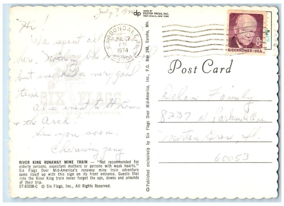 1974 River King Runaway Mine Train Amusement Park Carbondale Illinois Postcard