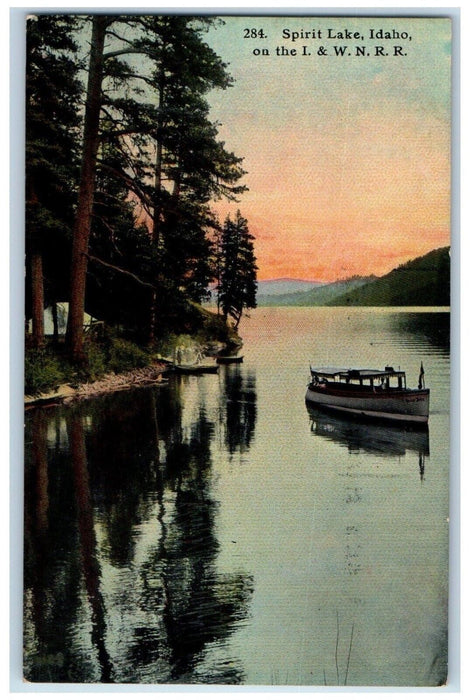 c1910 Motorboat River Trees Spirit Lake I & W.N.R.R. Idaho ID Vintage Postcard