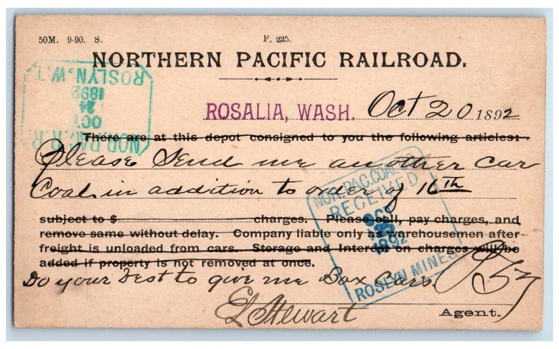 1892 Northern Pacific Railroad Rosalia Washington WA Roslyn Mine Postal Card