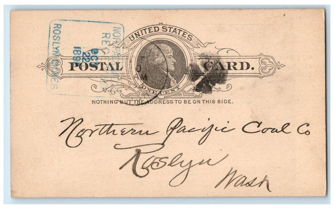 1892 Northern Pacific Railroad Rosalia Washington WA Roslyn Mine Postal Card