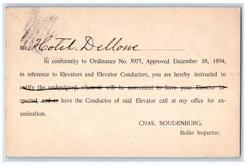 1894 Hotel Dellone Elevator Inspection Omaha Nebraska NE Postal Card