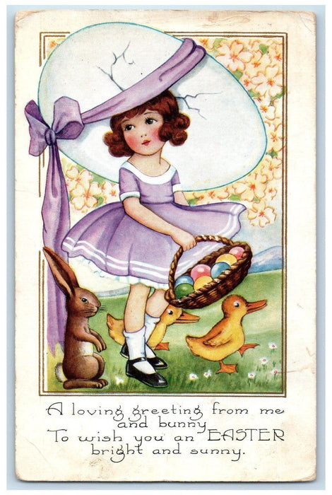 1924 Easter Girl Giant Egg Ribbon Rabbit Ducks Embossed Antique Postcard