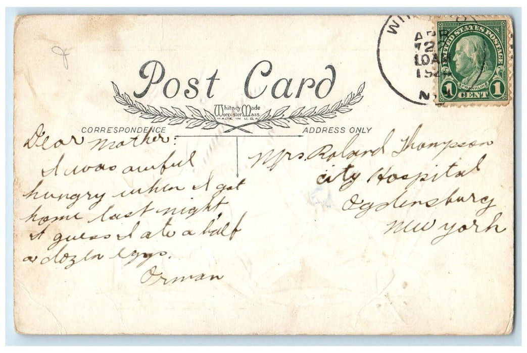 1924 Easter Girl Giant Egg Ribbon Rabbit Ducks Embossed Antique Postcard
