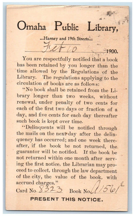1900 Book Retained Longer Omaha Public Library Omaha NE PMC Postal Card