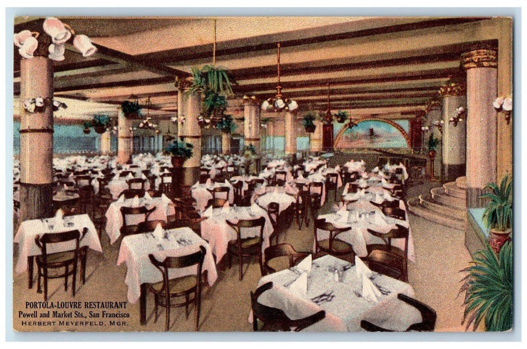 c1915 Portola Louvre Restaurant Powell Market Streets San Francisco CA Postcard