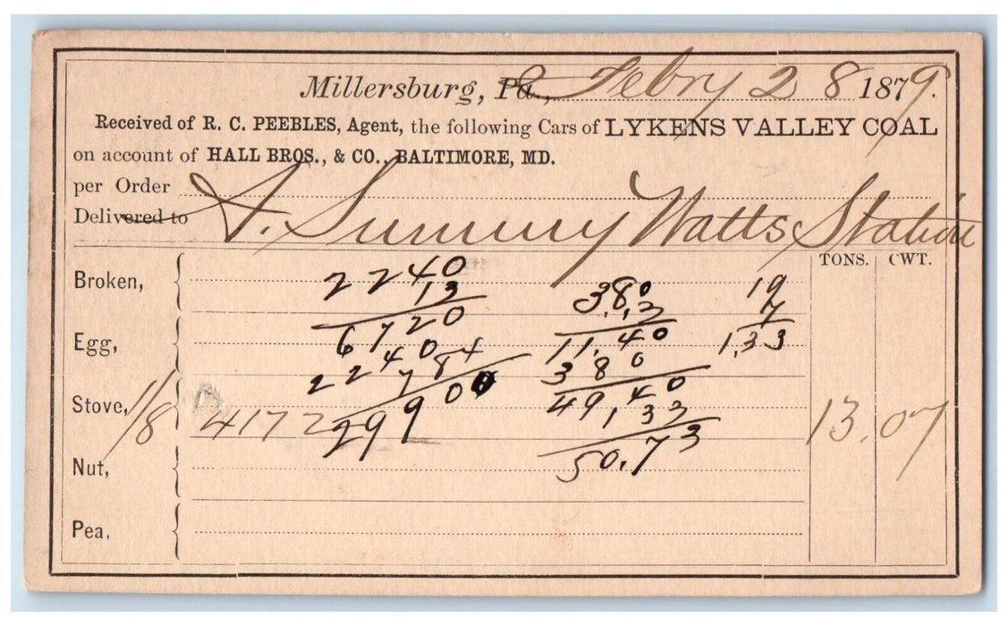 1879 Received of RC Pebbles Agent Lykens Valley Coal Millersburg PA Postal Card