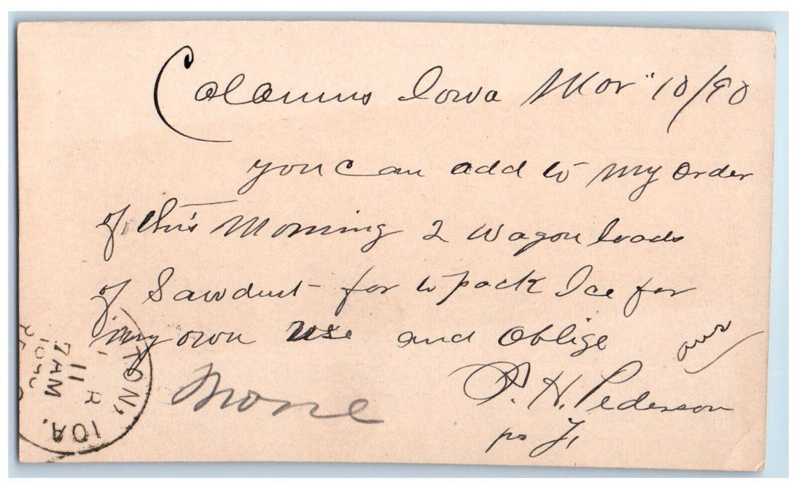 1890 PH Pellerson Calamus Iowa IA Clinton IA WJ Young and Co. Postal Card