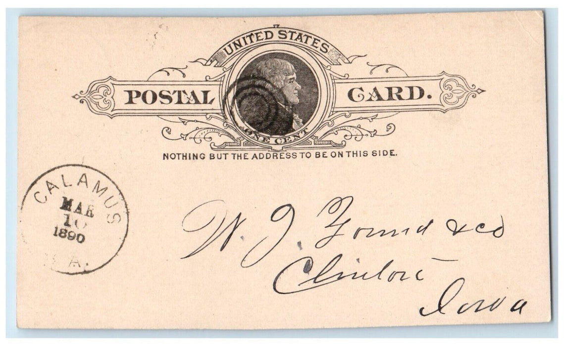 1890 PH Pellerson Calamus Iowa IA Clinton IA WJ Young and Co. Postal Card