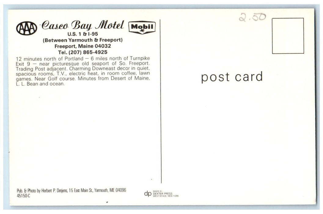 c1950's Casco Bay Motel Car Between Yarmouth And Freeport Maine ME Postcard