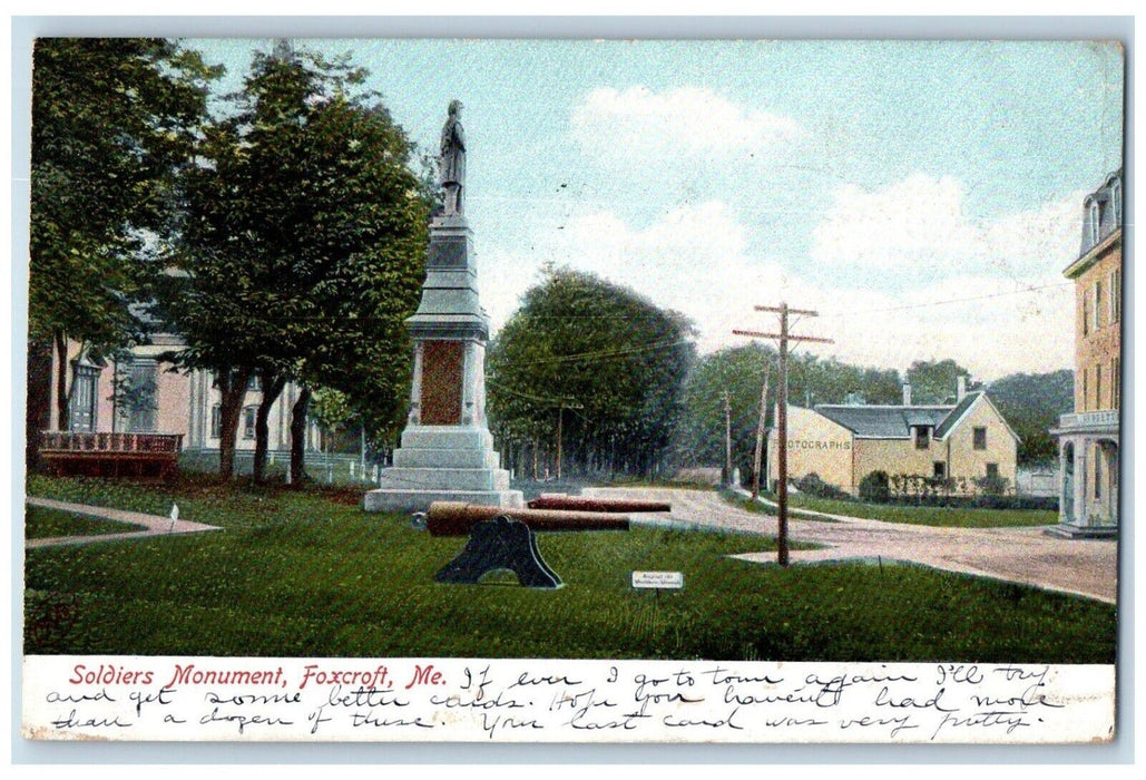 1909 Soldiers Monument Dirt Road Photograph Foxcroft Maine ME Antique Postcard