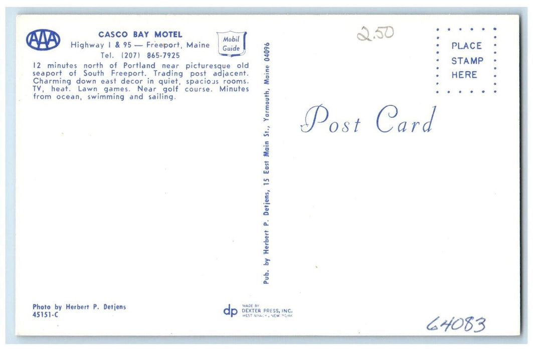 c1950's Casco Bay Motel Interior View Fireplace Freeport Maine ME Postcard
