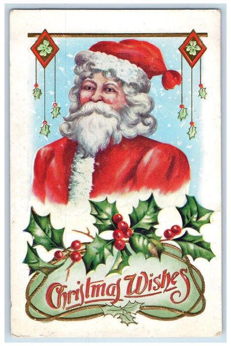 c1910's Christmas Santa Claus Head Holly Berries Shamrock Embossed Postcard