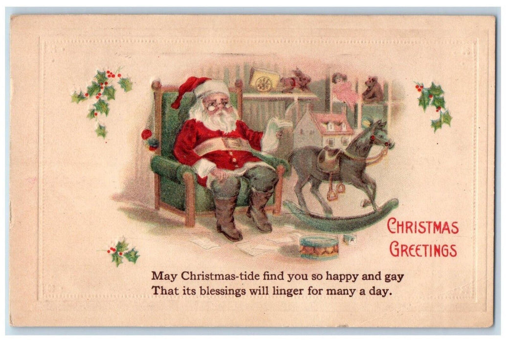 1920 Christmas Greetings Santa Claus Sitting Rocking Horse Toy Embossed Postcard