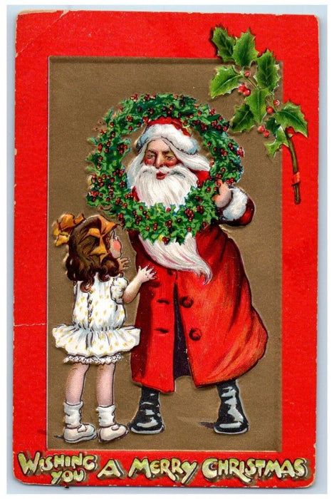 c1910's Christmas Santa Claus And Little Wreath Holly Berries Embossed Postcard