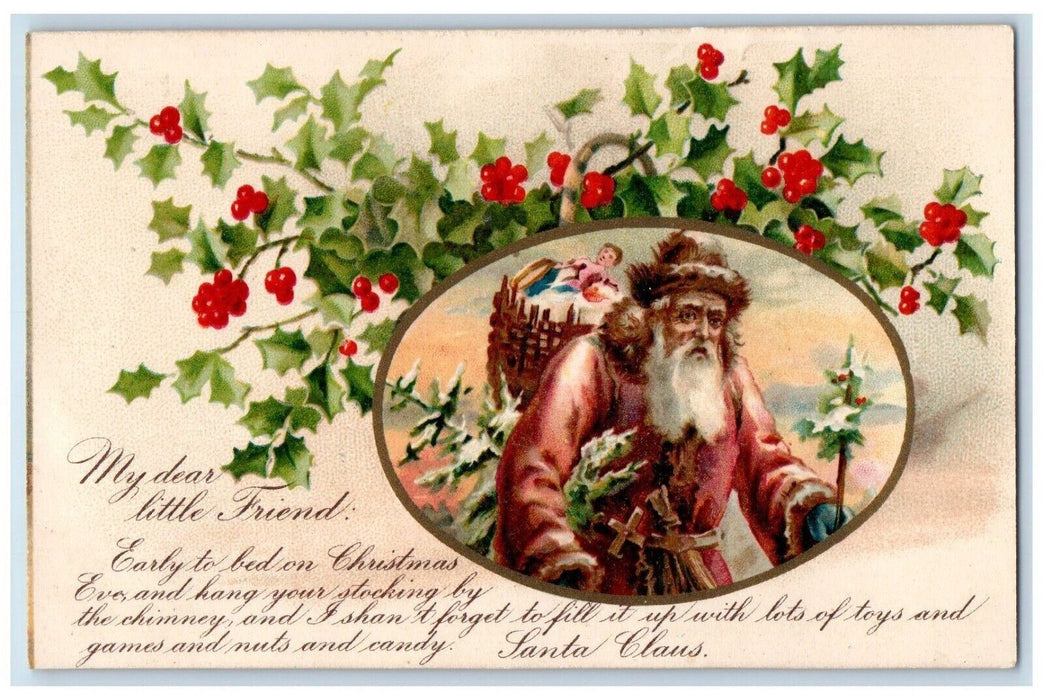 c1905 Christmas Santa Claus Brown Robe Basket Of Toys Holly Unposted Postcard