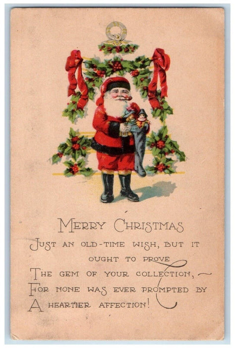 1924 Christmas Santa Claus Stockings Full Of Toys Holly Berries Antique Postcard