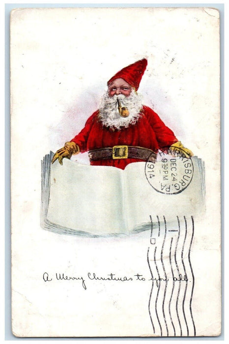 1914 Christmas Santa Claus Pipe Book Checklist Embossed Harrisburg PA Postcard