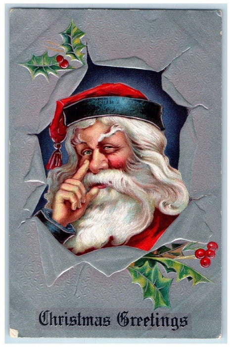 c1910's Christmas Greetings Santa Claus Head Holly Berries Embossed Postcard