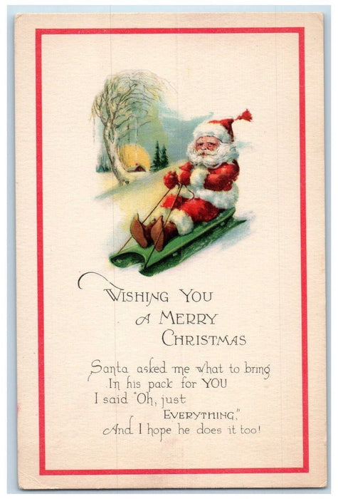 c1910's Christmas Santa Claus Sledding Winter Snow Pine Tree Antique Postcard