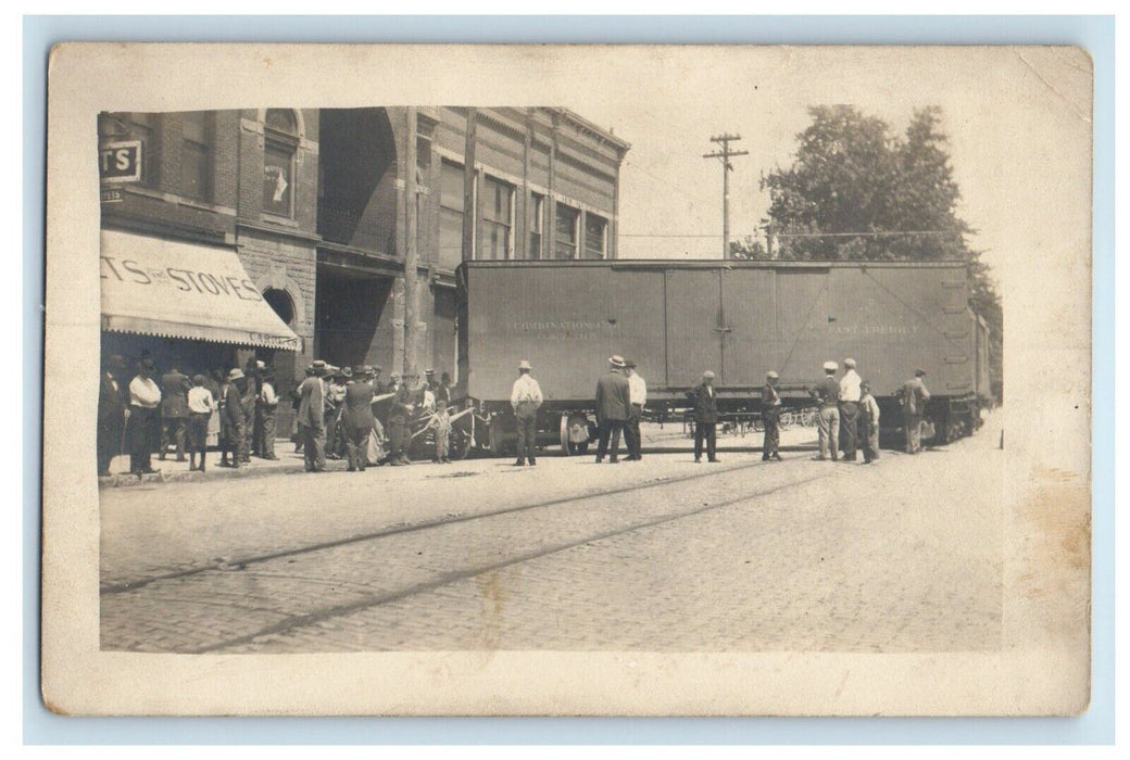 c1910 Downtown Railroad Train Boxcar Derailment Accident RPPC Photo Postcard