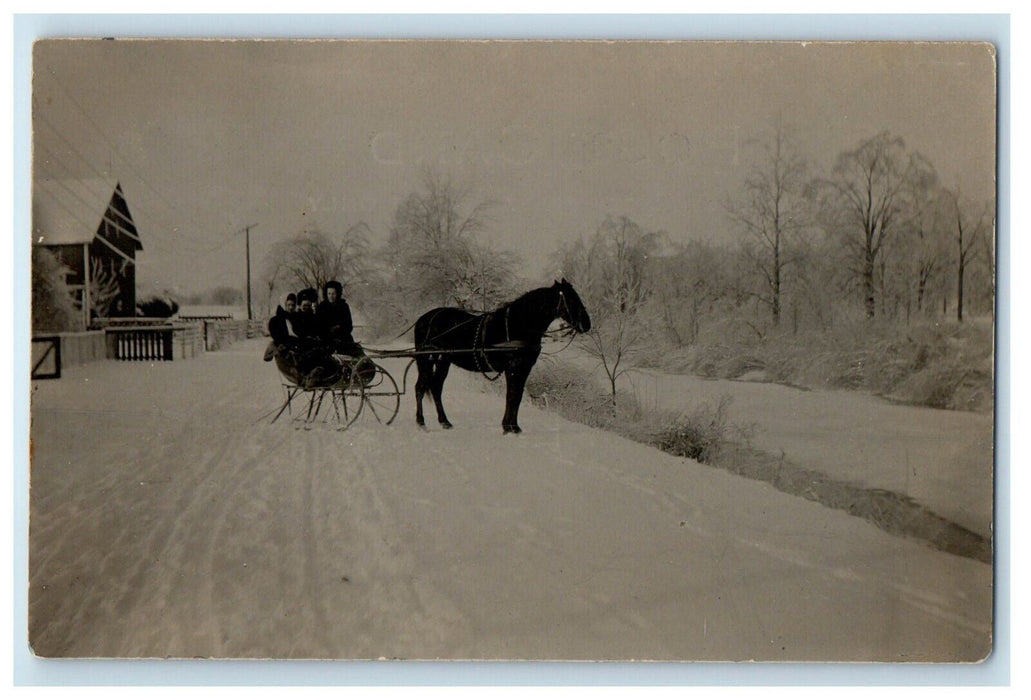 c1910 Sleigh Wagon Horse Mount Blanchard Ohio OH RPPC Photo Postcard