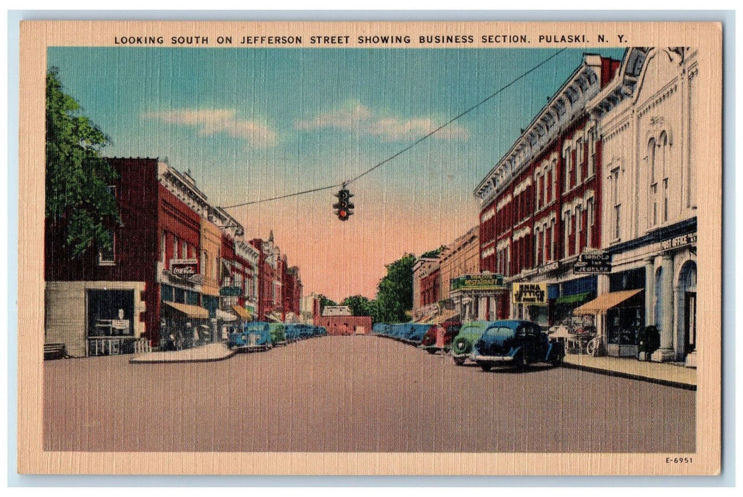 c1940's Looking South on Jefferson Street Business Section Pulaski NY Postcard