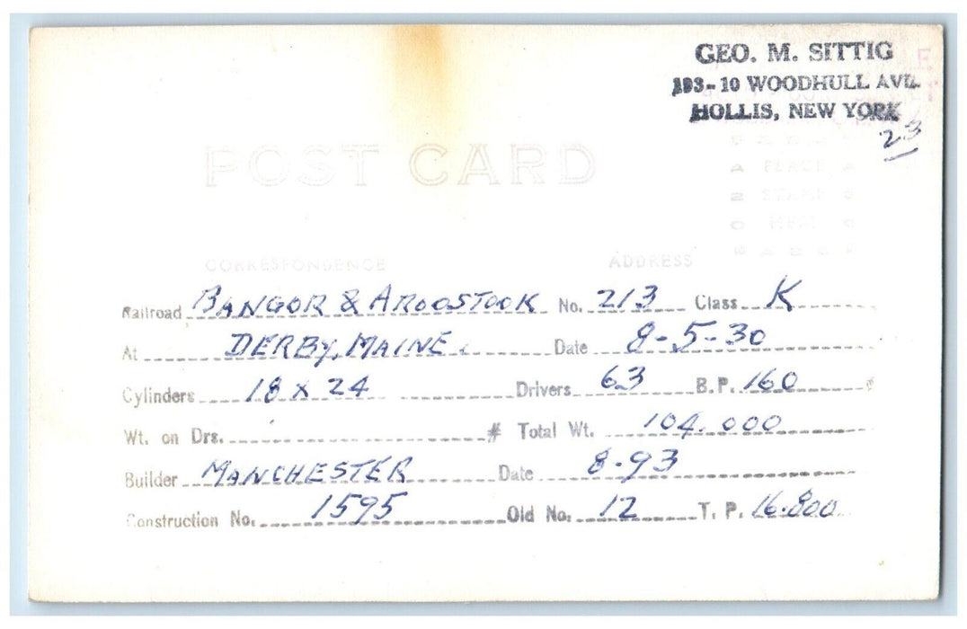 1930 Bangor & Aroostook Railway Locomotive Train #213 Maine RPPC Photo Postcard