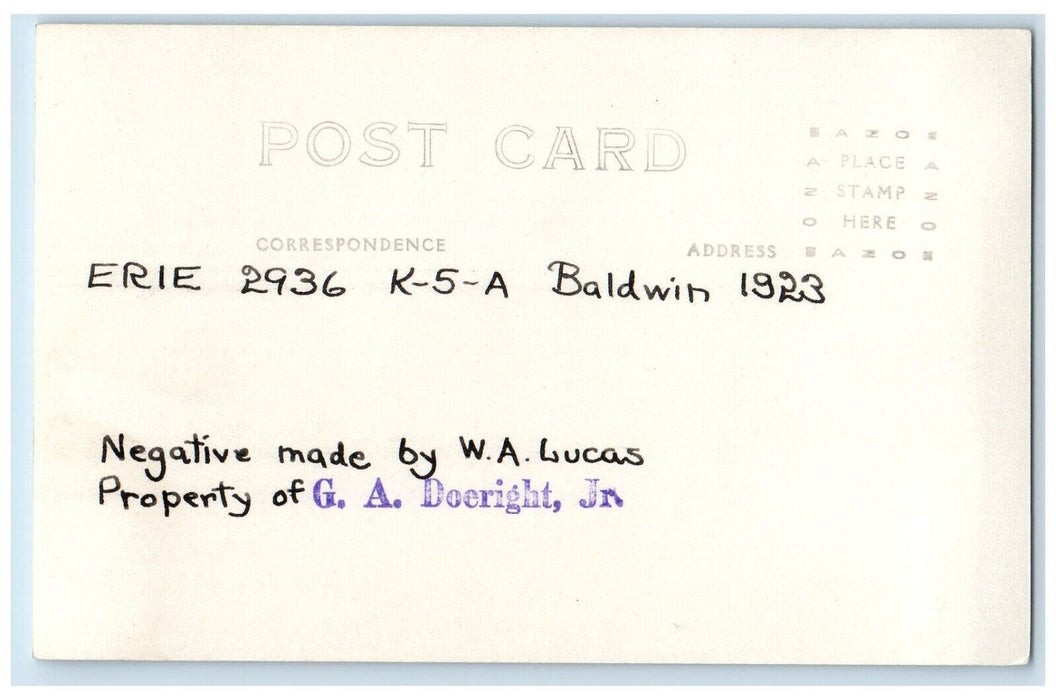 1923 Erie Locomotive Baldwin Train #2936 K-5-A Railroad RPPC Photo Postcard