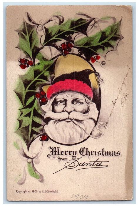 1909 Christmas Santa Claus Head Holly Berries Standish Michigan MI Postcard