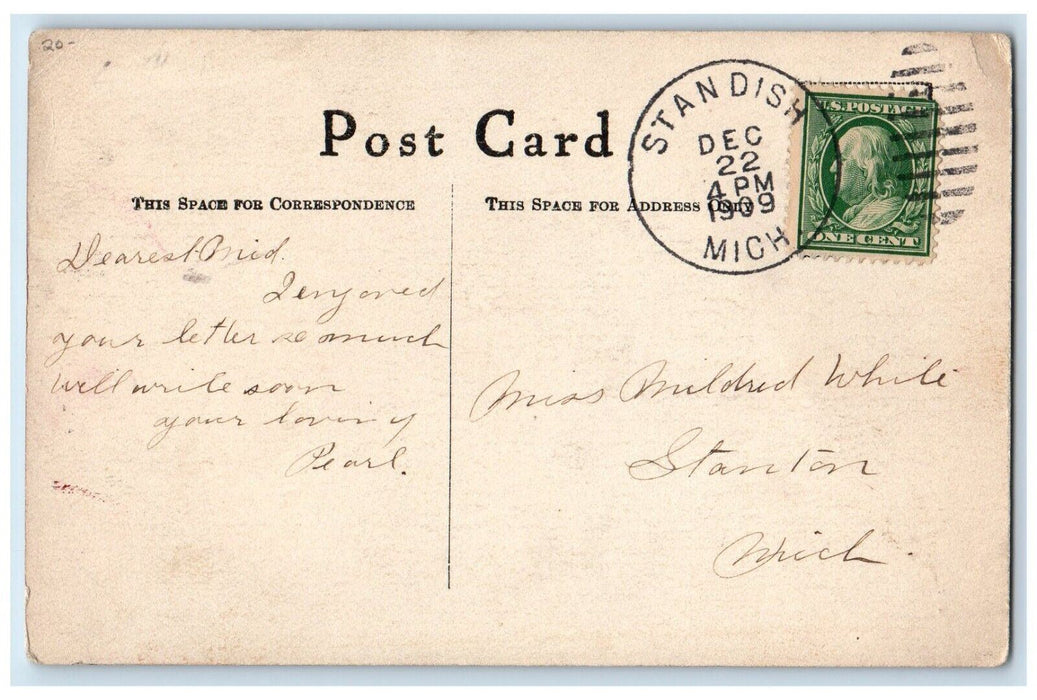1909 Christmas Santa Claus Head Holly Berries Standish Michigan MI Postcard