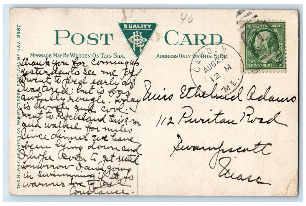 1910 Boat on Side, Carl Point on Lake Megunticook Camden Maine ME Postcard