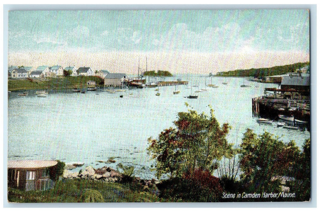 c1910 Scene of Boats, Houses in Camden Harbor Maine ME Unposted Antique Postcard