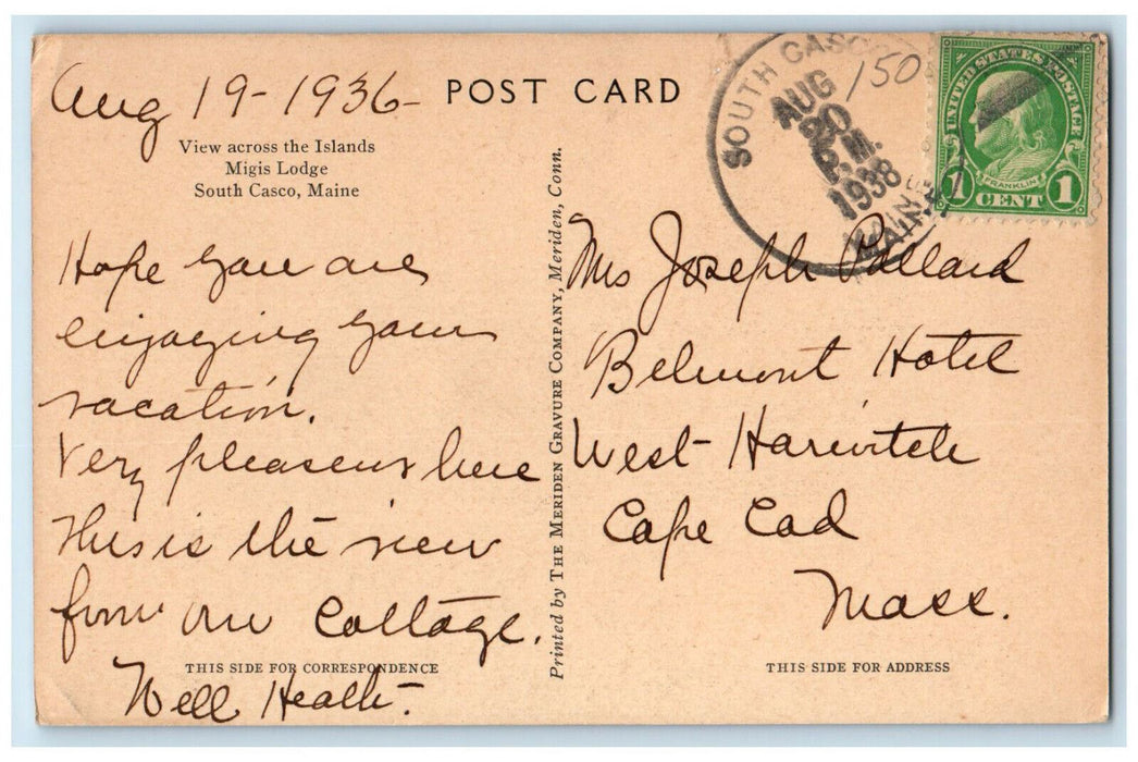 1938 View Across The Islands Migis Lodge South Casco Maine ME Postcard