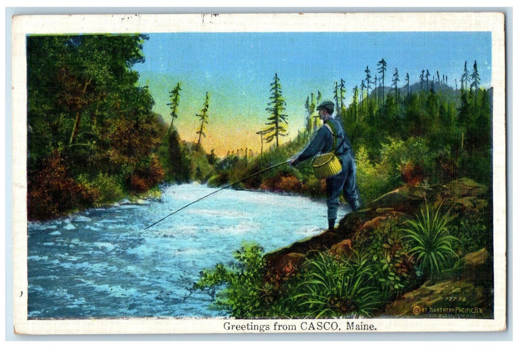 1937 Fishing, Fishing Rod, Basket Greetings from Casco Maine ME Postcard