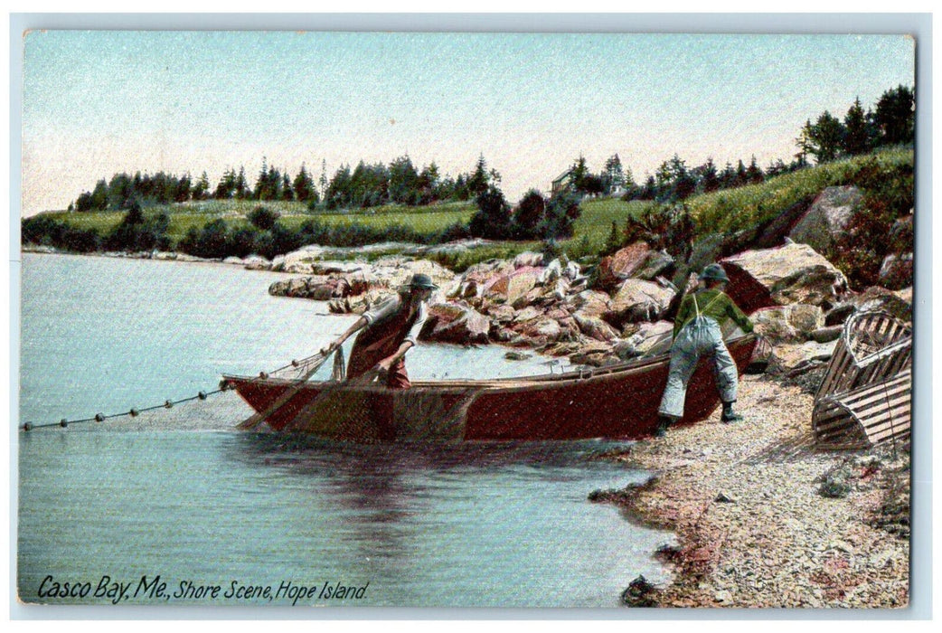 c1905 Fishnet, Boat, Schore Scene, Hope Island Casco Bay Maine ME Postcard