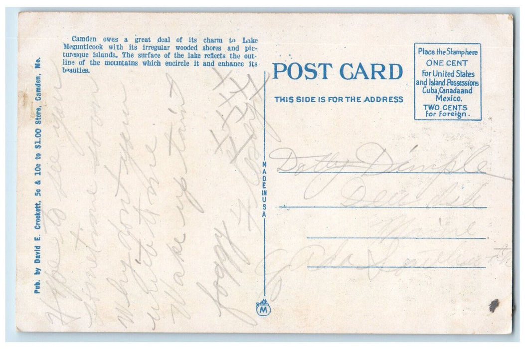 c1920's Boat, At The Head of Lake Megunticook Camden Maine ME Posted Postcard