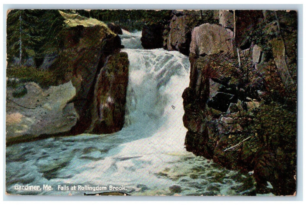 1907 Falls At Rollingdam Brook Waterfall Gardiner Maine ME Antique Postcard