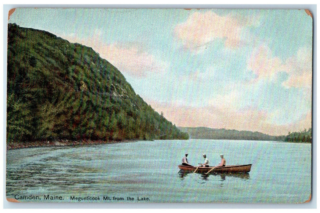 c1910 Boat Canoeing, Megunticook Mount from the Lake Camden Maine ME Postcard