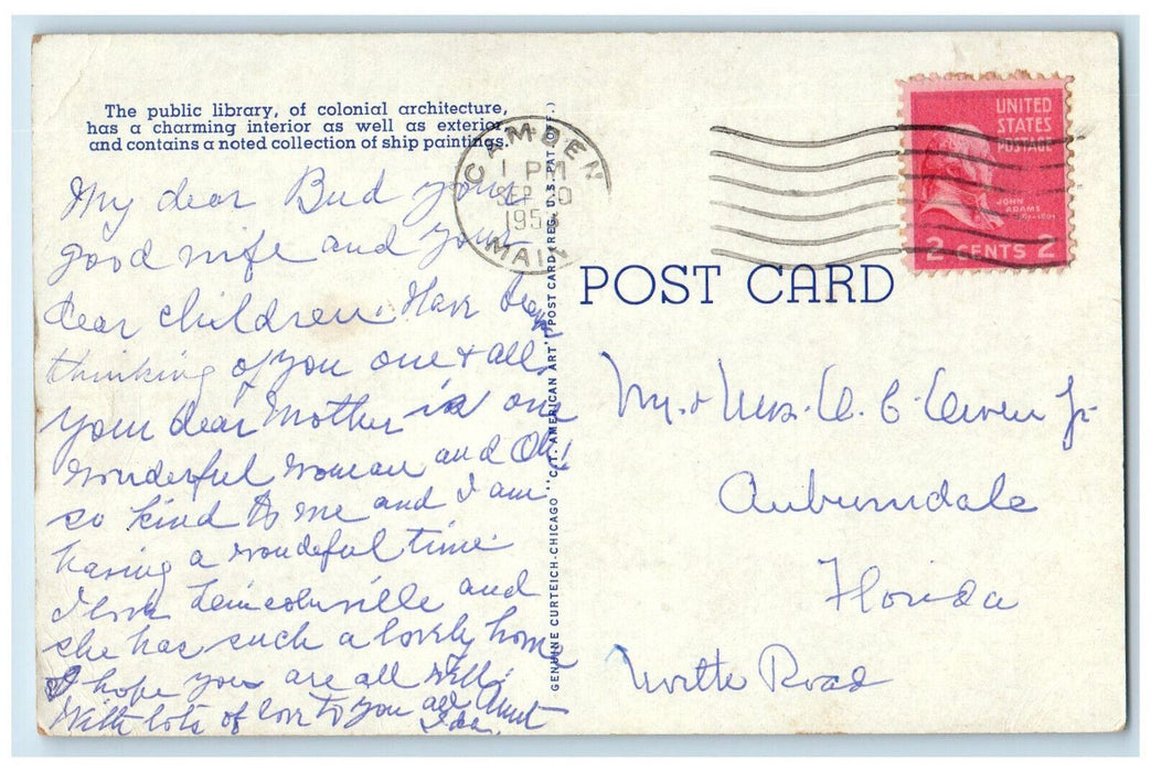 c1950's Colonial Architecture Public Library Camden Maine ME Posted Postcard