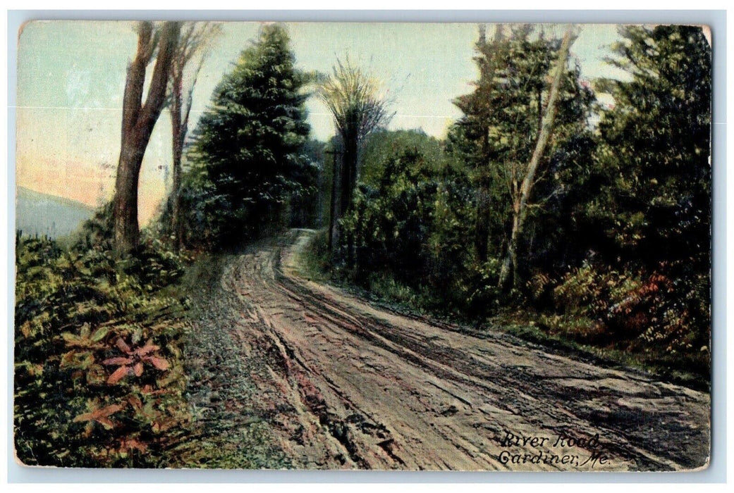 c1910's River Road View And Trees Gardiner Maine ME Posted Antique Postcard