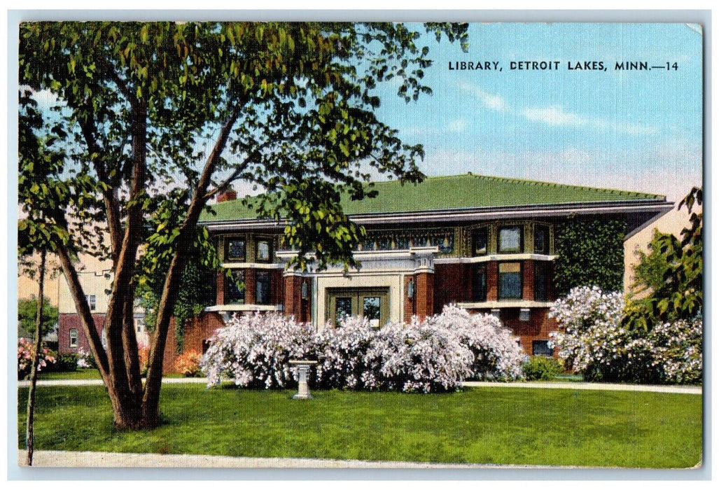 c1940's Entrance to Library, Detroit Lakes Minnesota MN Vintage Postcard