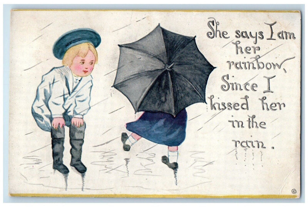 c1910's Children Sweetheart Romance Raining Umbrella Posted Antique Postcard