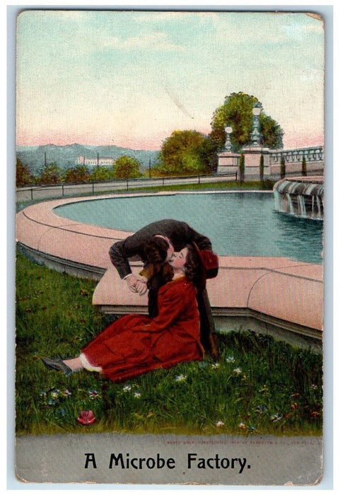 1910 Couple Kissing Romance Pool A Microbe Factory Marinette WI Antique Postcard