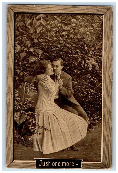 1912 Sweet Couple Kissing Romance Just One More Weyauwega Wisconsin WI Postcard