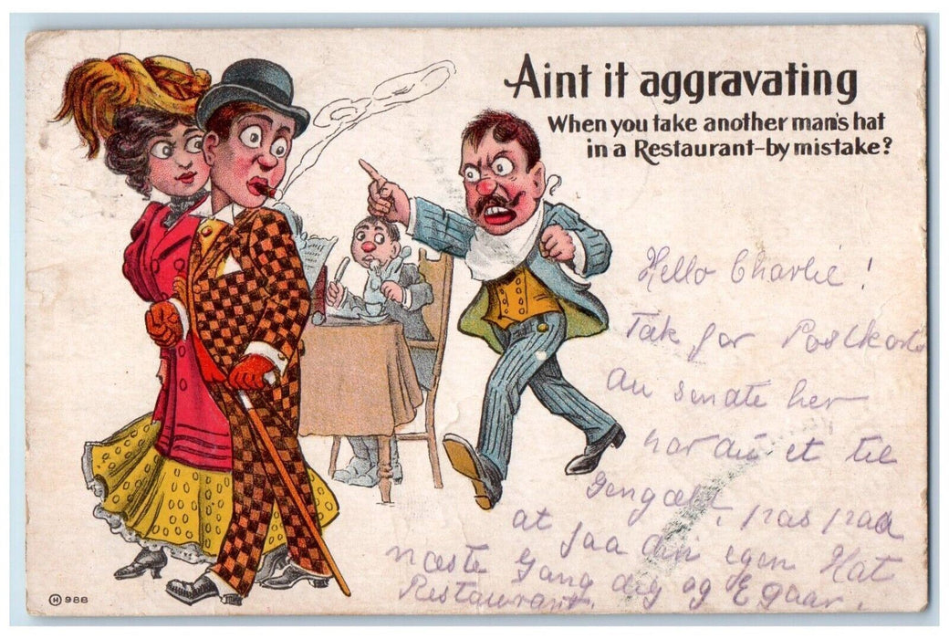1908 Man Cigar Smoke Aggravating Taking Hat Restaurant Clinton Iowa IA Postcard