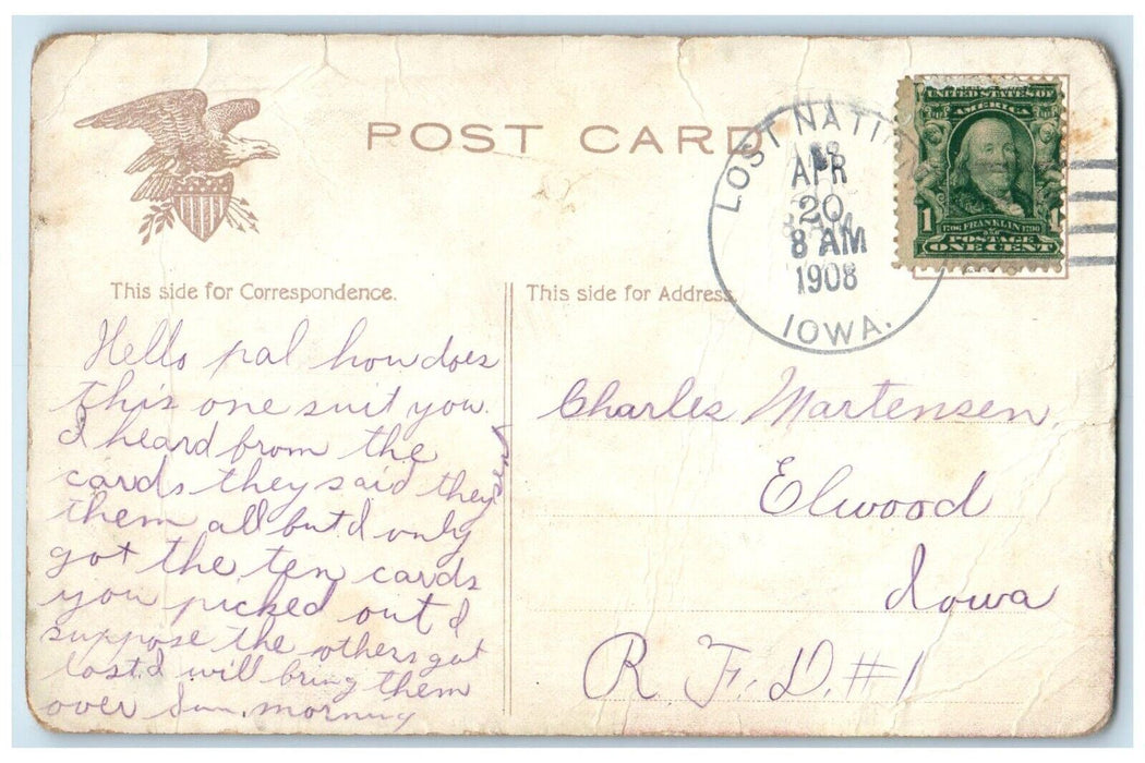 1908 Couple Romance Engagement Lost Nation Iowa IA Posted Antique Postcard