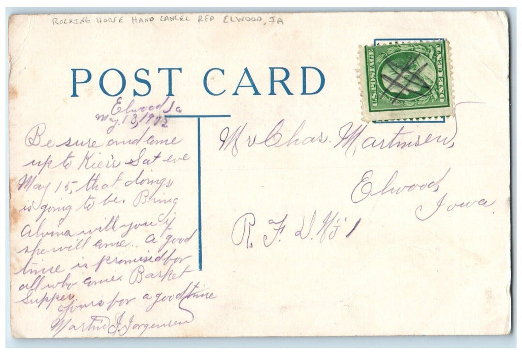 c1910's Rocking Horse Hand Cancel RFD Elwood Iowa IA Posted Antique Postcard